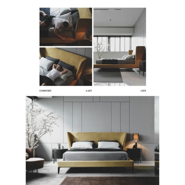 Gentleman High-Back Leather Bed with Wrapped Headboard in slate — in a room setting