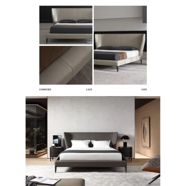 Gentleman High-Back Leather Bed with Wrapped Headboard in slate — in a room setting