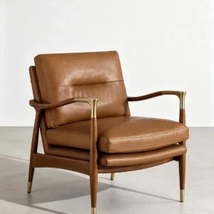 Walnut Lounge Chair in Vintage Tan Leather with Brass — front view