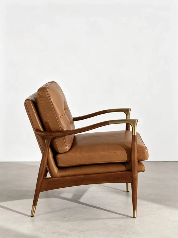 Walnut Lounge Chair in Vintage Tan Leather with Brass — in a room setting