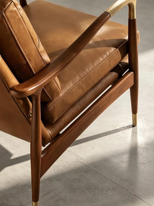 Walnut Lounge Chair in Vintage Tan Leather with Brass — detail
