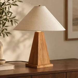 Geometric Solid Wood Pyramid Table Lamp in natural oak — front view