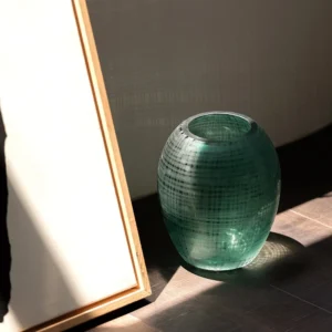Green Cross-Hatched Oval Glass Vase in olive — front view