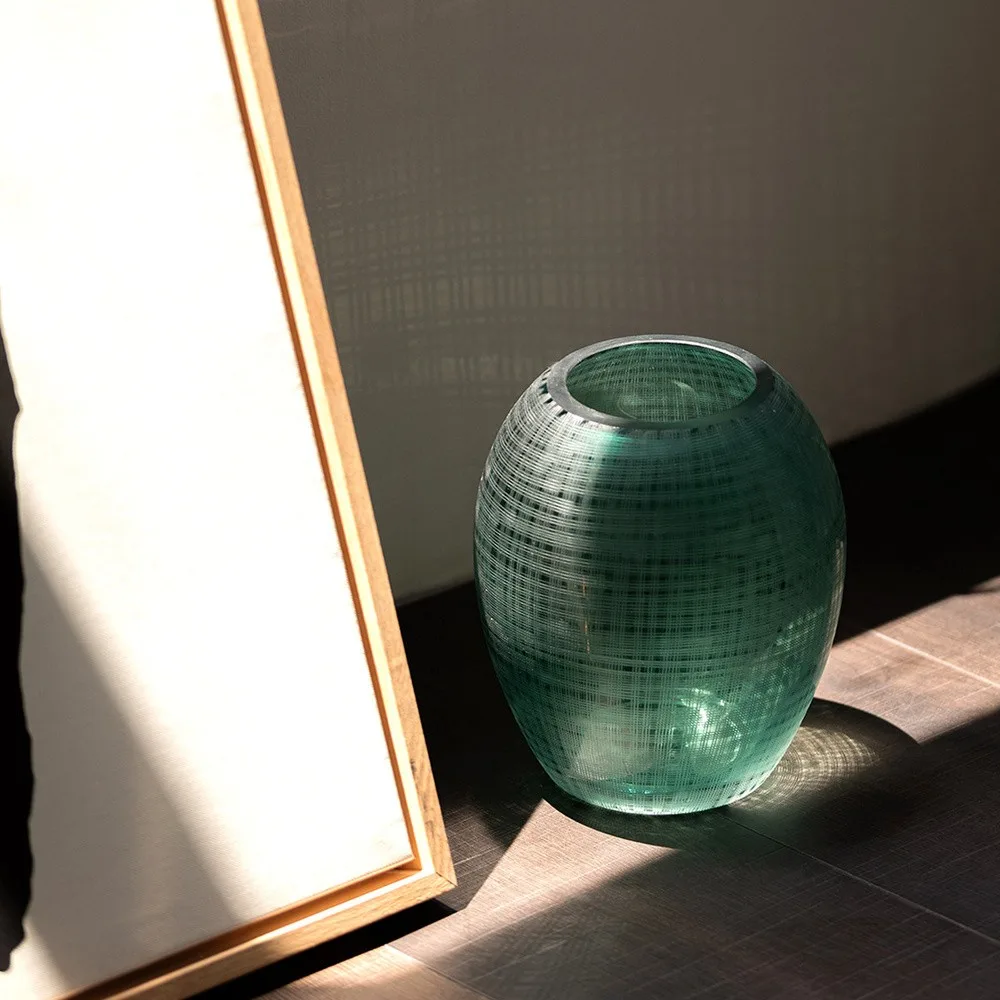 Green Cross-Hatched Oval Glass Vase in olive — front view