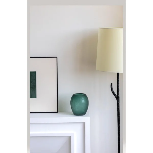 Green Cross-Hatched Oval Glass Vase in olive — in a room setting
