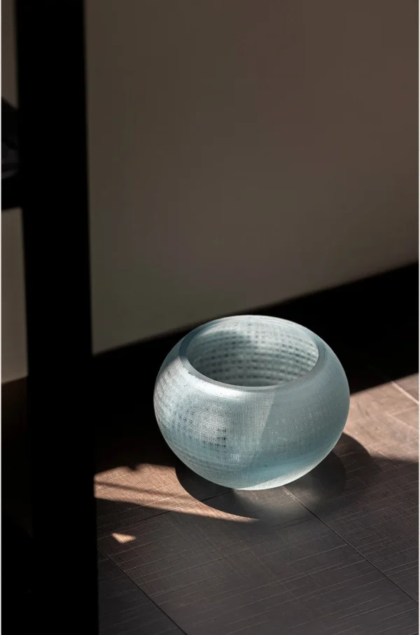 Green Cross-Hatched Oval Glass Vase in olive — in a room setting