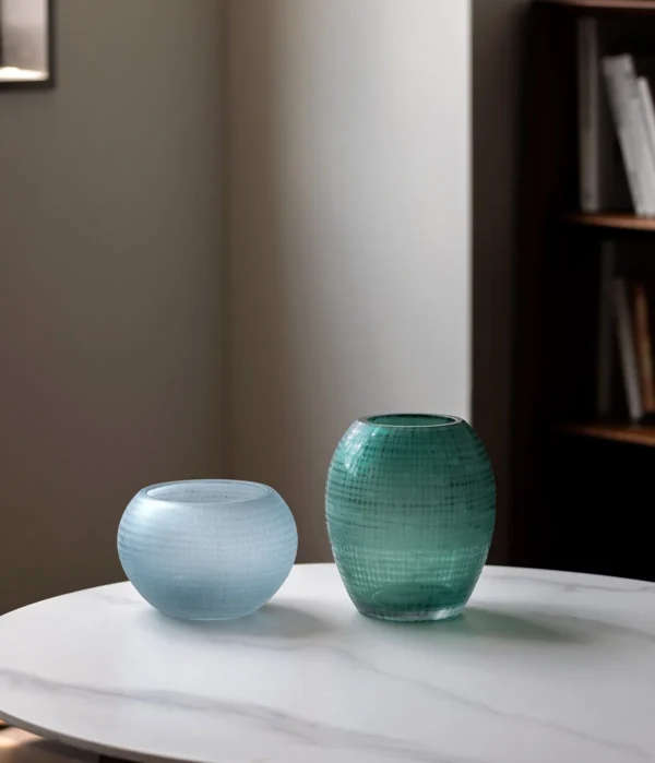 Green Cross-Hatched Oval Glass Vase in olive — in a room setting