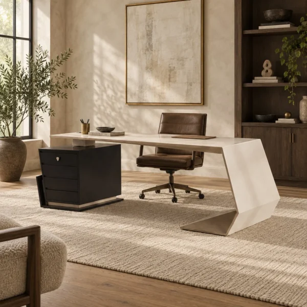 Geometric Executive Desk in oatmeal — in a room setting