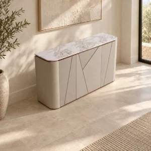 Geometric Leather Sideboard with Sintered Stone Top in sand — in a room setting
