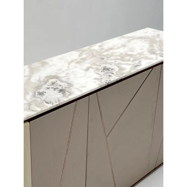 Geometric Leather Sideboard with Sintered Stone Top in sand — in a room setting