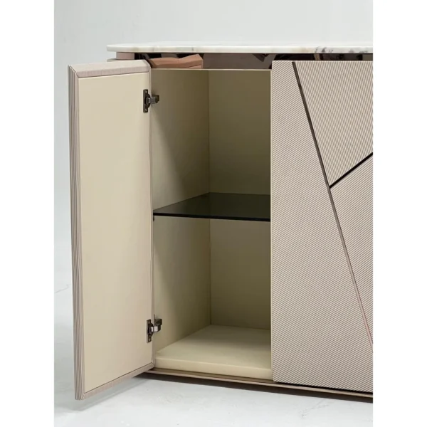 Geometric Leather Sideboard with Sintered Stone Top in sand — in a room setting