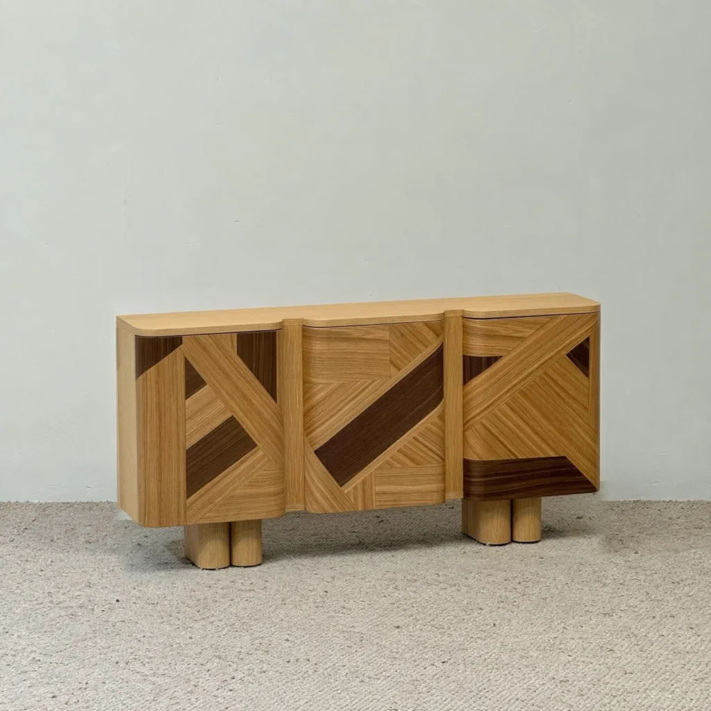 Geometric Marquetry Veneer Entryway Cabinet in wood veneer — front view