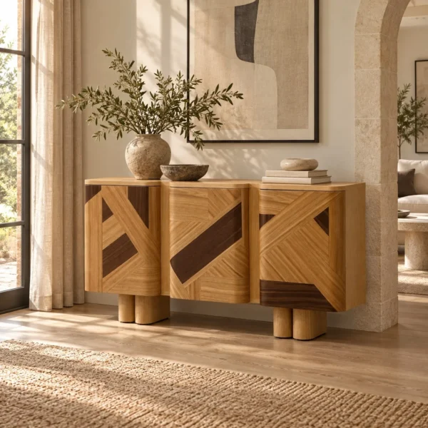 Geometric Marquetry Veneer Entryway Cabinet on Cylinder Legs in natural oak — in a room setting