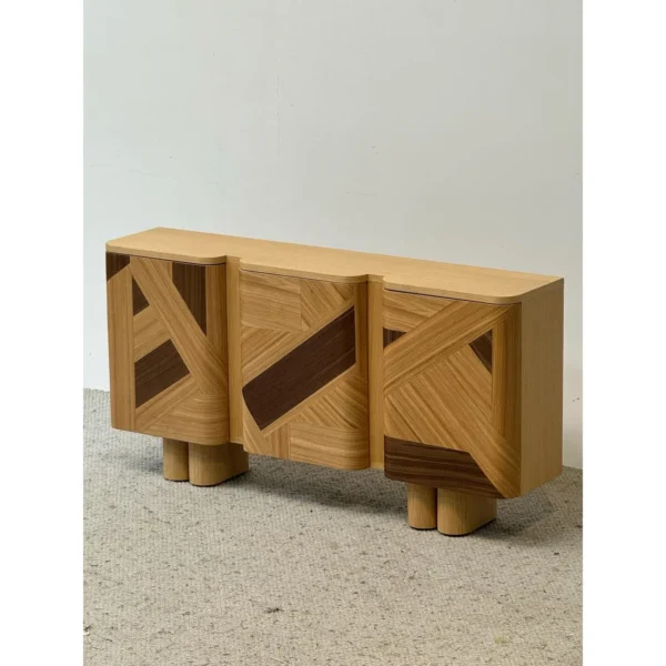 Geometric Marquetry Veneer Entryway Cabinet on Cylinder Legs in natural oak — in a room setting