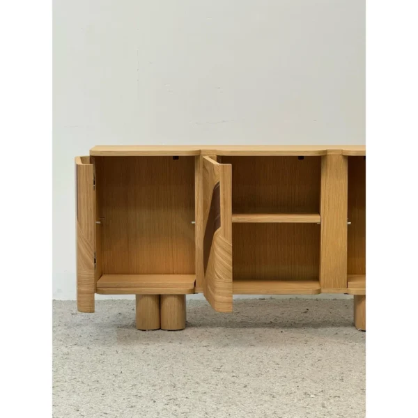 Geometric Marquetry Veneer Entryway Cabinet on Cylinder Legs in natural oak — in a room setting