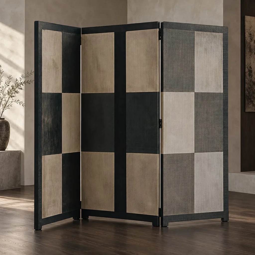 Muted Checkerboard Three-Panel Folding Screen in slate — front view