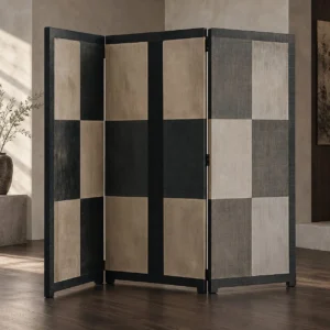 Muted Checkerboard Three-Panel Folding Screen in slate — front view
