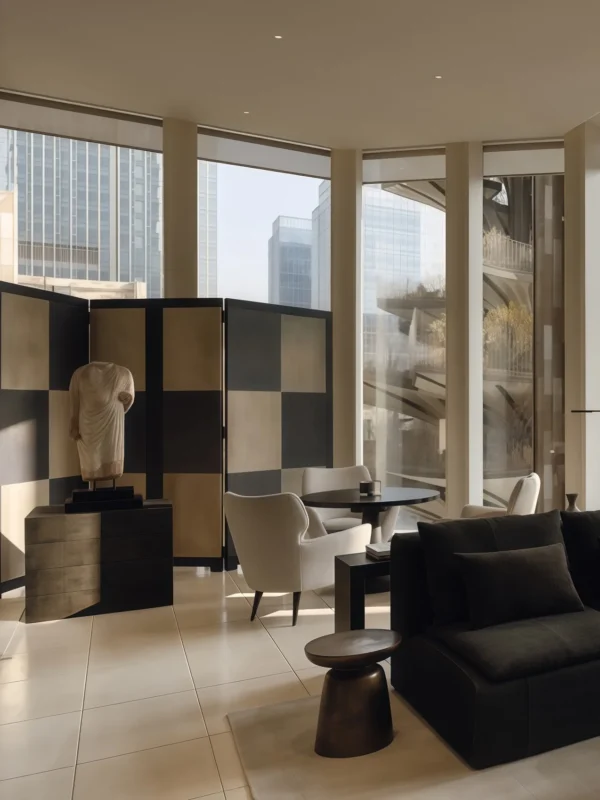 Muted Checkerboard Three-Panel Folding Screen in slate — in a room setting
