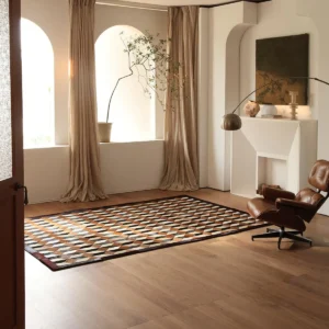 Geometric Patchwork Cowhide Rug in Brown and Cream — front view