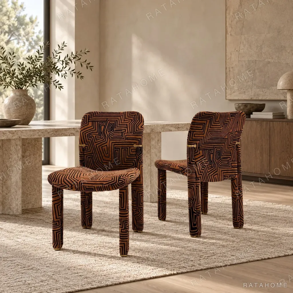 Geometric Pattern Upholstered Dining Chair with Brass Detail in rust — in a room setting