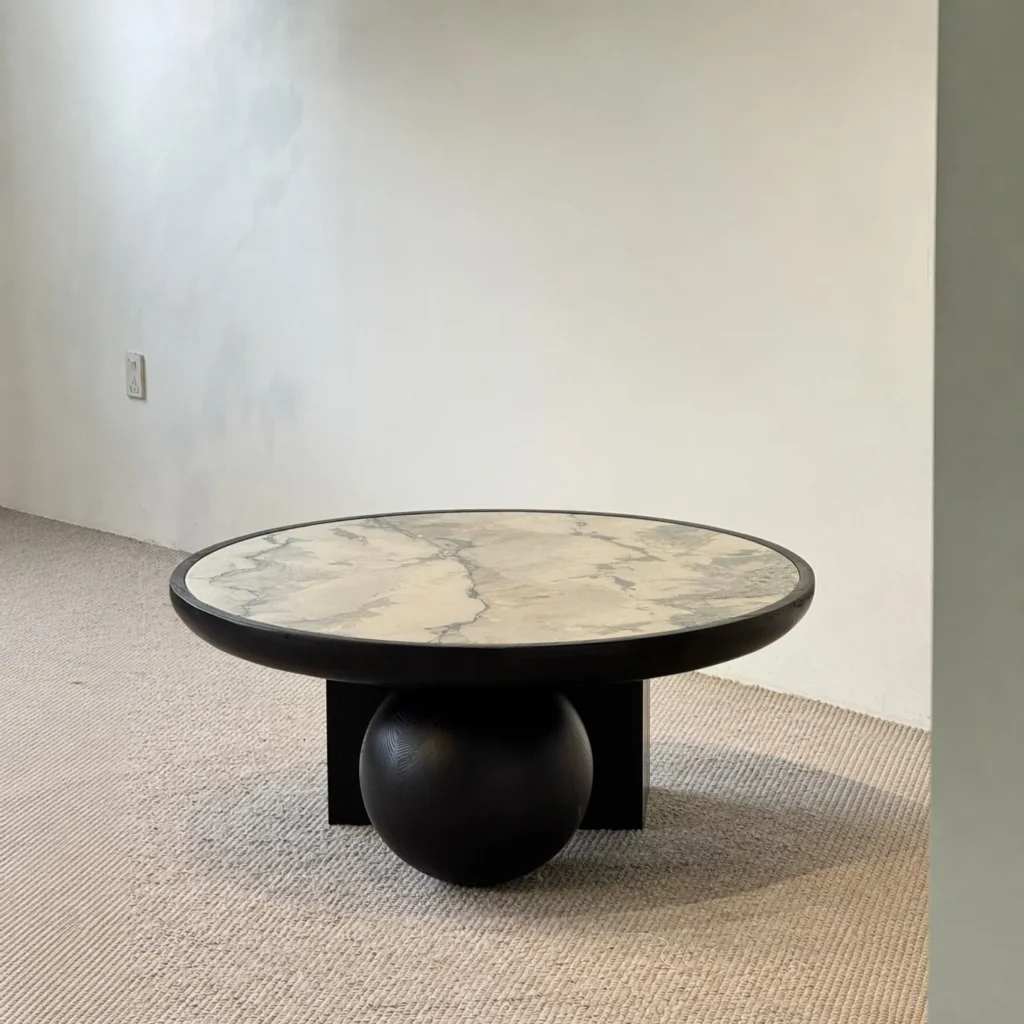 Round Ink Jade Marble Coffee Table on Black Sphere Base in black — front view