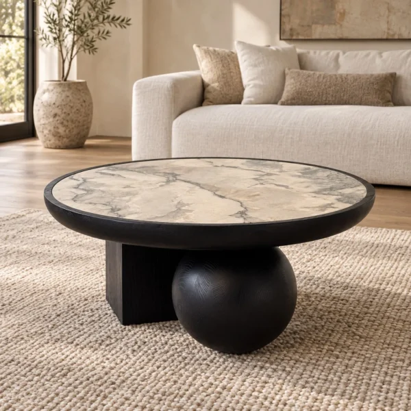 Round Ink Jade Marble Coffee Table on Black Sphere Base in black — in a room setting