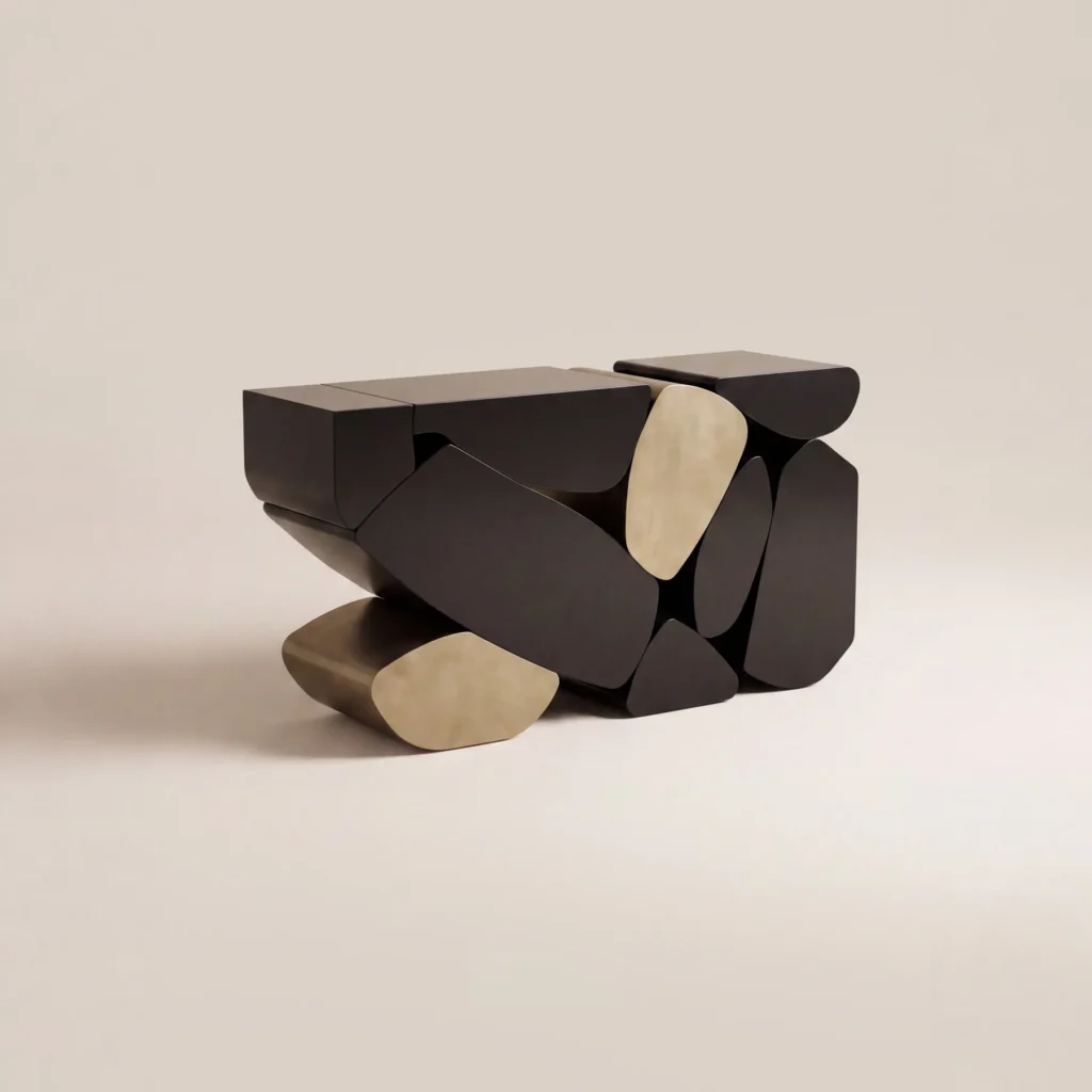 Stacked Pebble Sculptural Console in Black and Champagne — front view