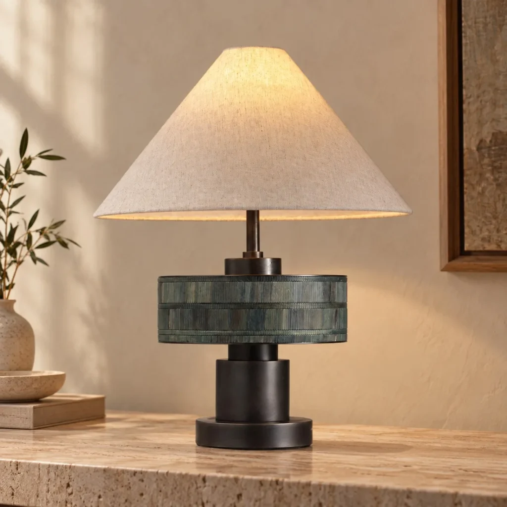 Green Mosaic Stone Drum Table Lamp with Linen Cone Shade in olive — front view