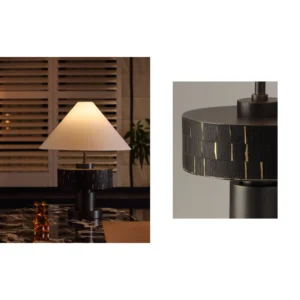 Green Mosaic Stone Drum Table Lamp with Linen Cone Shade in olive — in a room setting