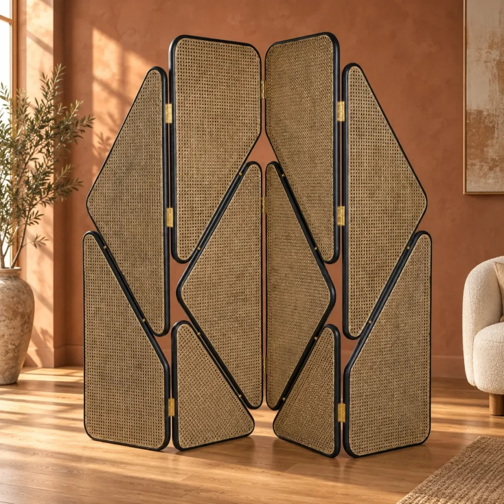 Geometric Cane Panel Folding Screen with Aged Hinges in natural oak — front view