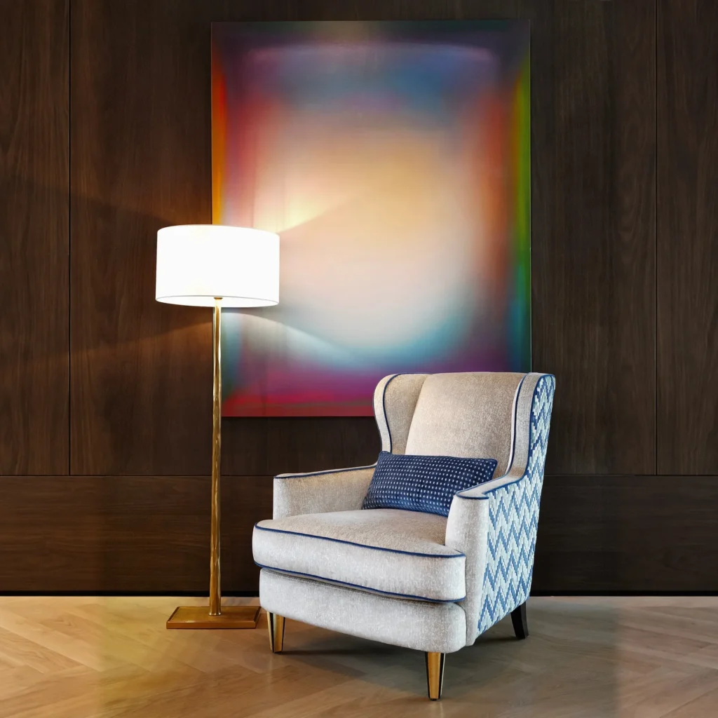 Geometric Wingback Armchair in oatmeal — front view