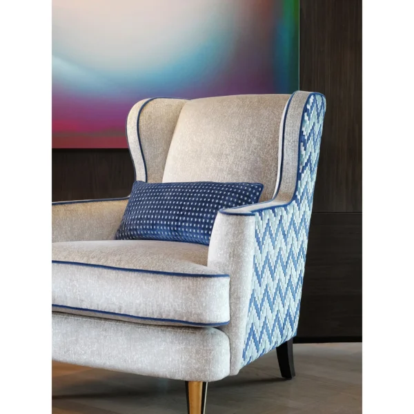 Geometric Wingback Armchair in oatmeal — in a room setting