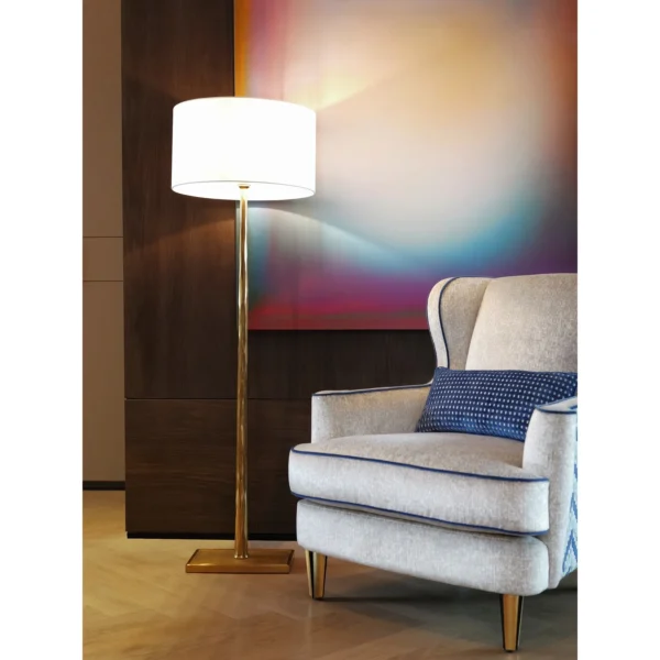 Geometric Wingback Armchair in oatmeal — in a room setting