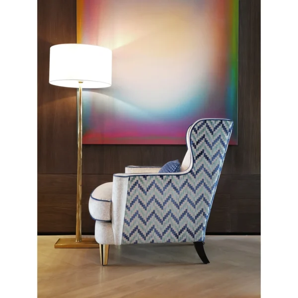 Geometric Wingback Armchair in oatmeal — in a room setting
