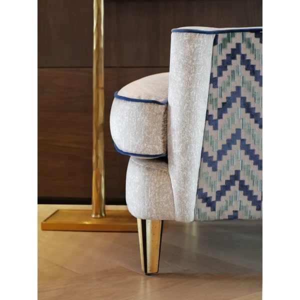 Geometric Wingback Armchair in oatmeal — in a room setting