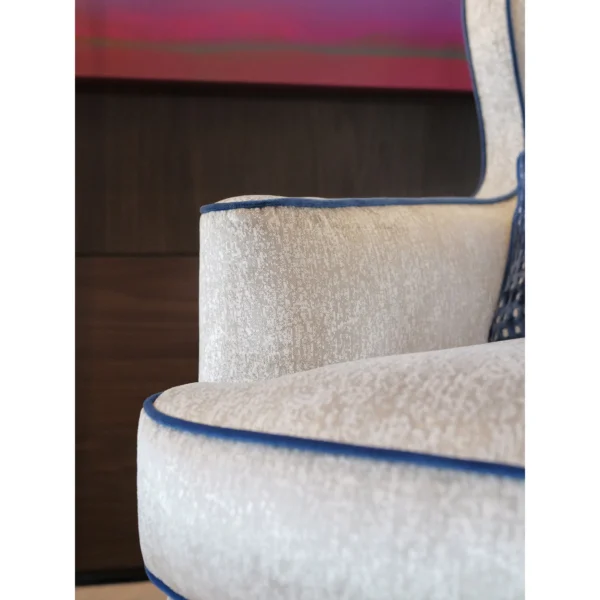 Geometric Wingback Armchair in oatmeal — in a room setting