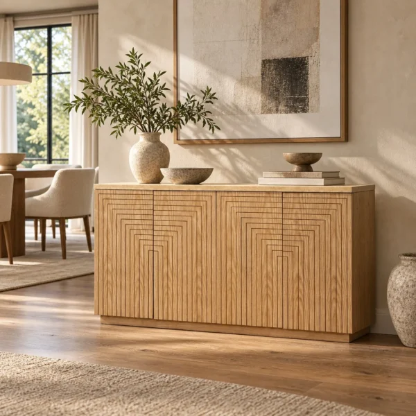 Carved Ash Entryway Cabinet with Travertine Top, 160 cm in natural oak — in a room setting