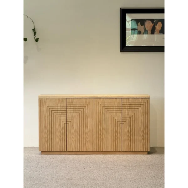 Carved Ash Entryway Cabinet with Travertine Top, 160 cm in natural oak — in a room setting