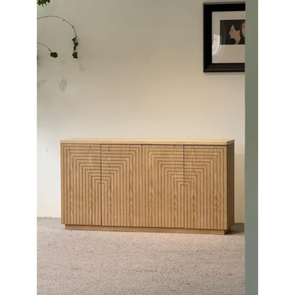 Carved Ash Entryway Cabinet with Travertine Top, 160 cm in natural oak — in a room setting