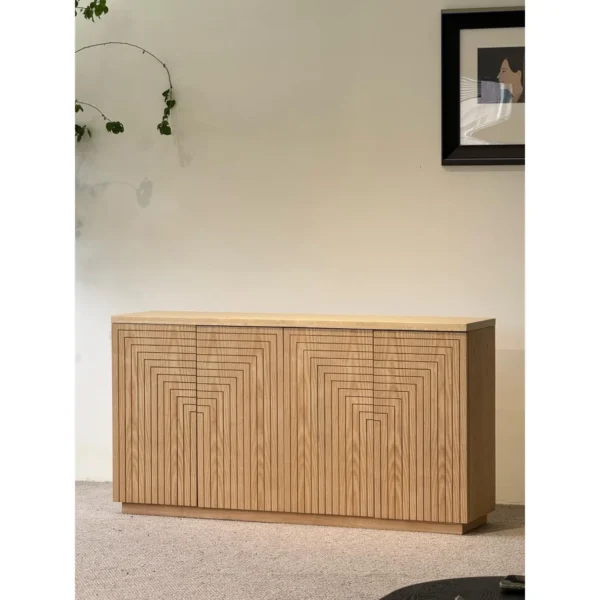 Carved Ash Entryway Cabinet with Travertine Top, 160 cm in natural oak — in a room setting