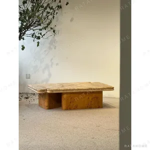 Gia Travertine and Poplar Burl Coffee Table, 110 cm in oatmeal — in a room setting