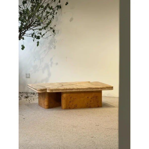 Gia Travertine and Poplar Burl Coffee Table, 110 cm in oatmeal — in a room setting