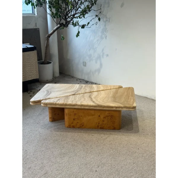 Gia Travertine and Poplar Burl Coffee Table, 110 cm in oatmeal — in a room setting