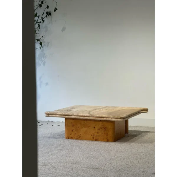 Gia Travertine and Poplar Burl Coffee Table, 110 cm in oatmeal — in a room setting