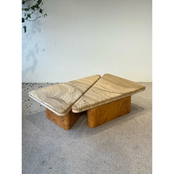 Gia Travertine and Poplar Burl Coffee Table, 110 cm in oatmeal — in a room setting
