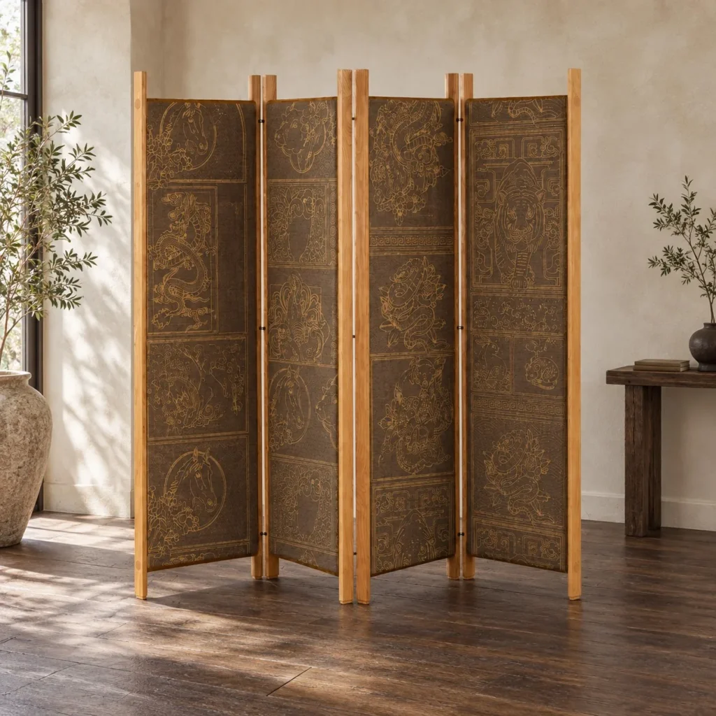 Gilt-Embossed Zodiac Panel Screen in Natural Wood Frame — front view