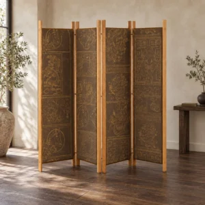 Gilt-Embossed Zodiac Panel Screen in Natural Wood Frame — front view