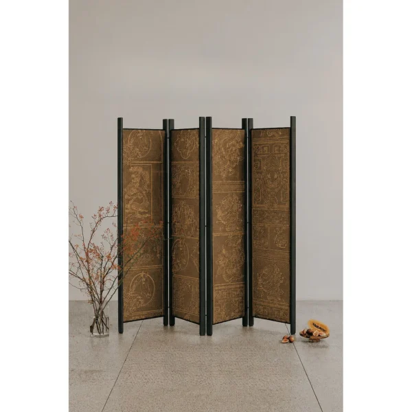 Gilt-Embossed Zodiac Panel Screen in Natural Wood Frame — in a room setting
