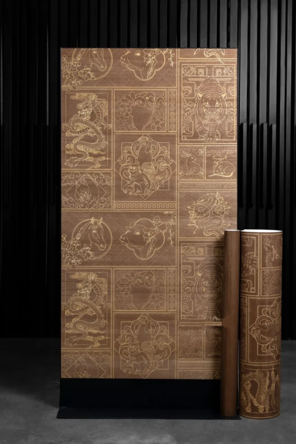 Gilt-Embossed Zodiac Panel Screen in Natural Wood Frame — in a room setting