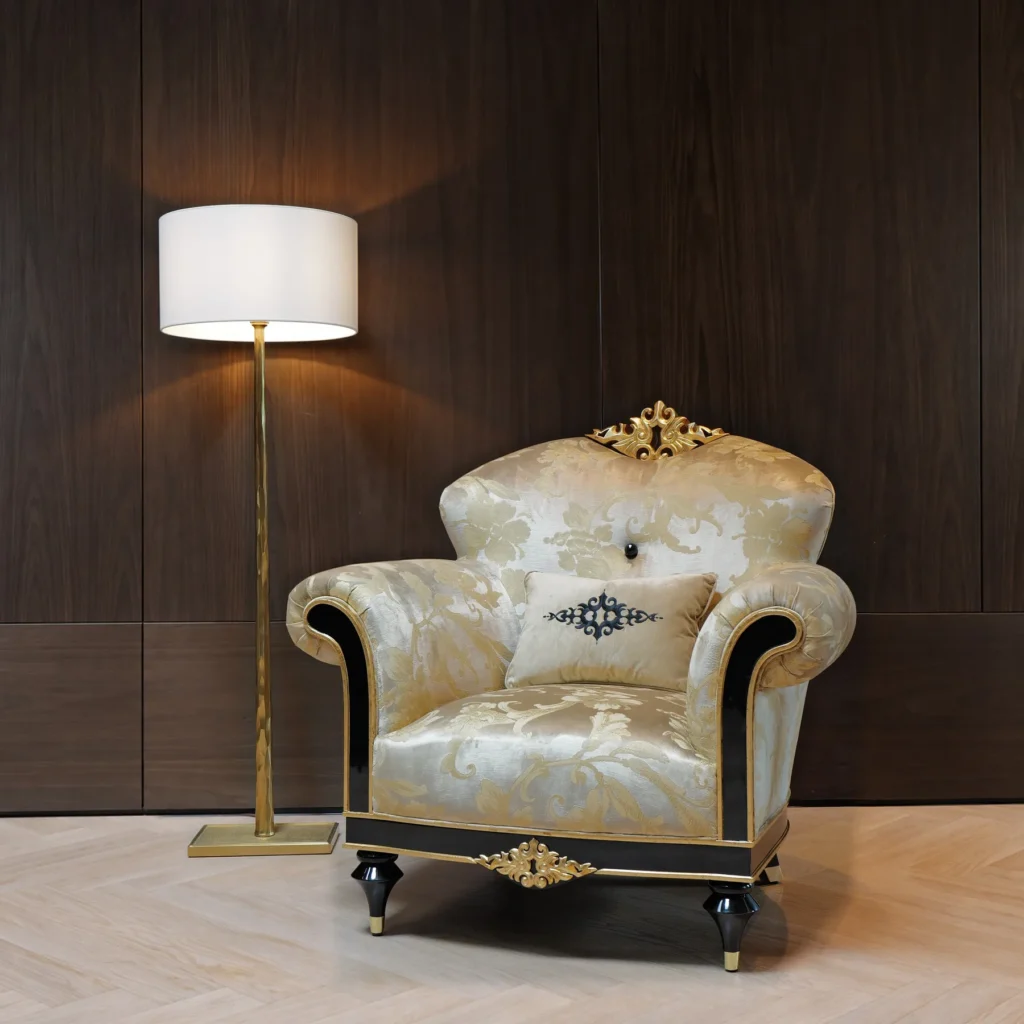 Gilded Crown-Back Classical Armchair in Brushed Gold Brocade — front view
